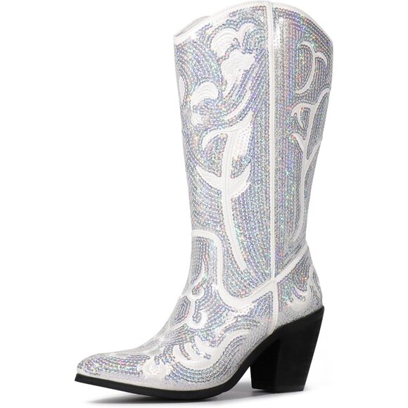 ⚡Women's Silver Sequin Mid Calf Western Cowboy Boots Wide Calf High Fashion - Picture 1 of 6